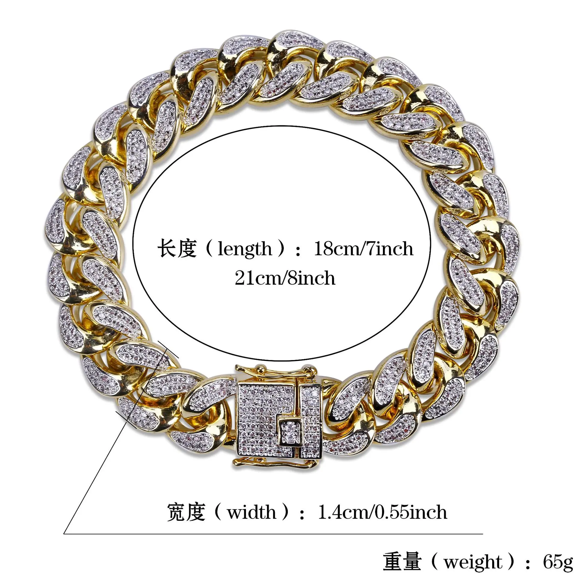 

14mm High-Quality Three Color Hip Hop Copper Cuban Miami Chain Bracelets Bling Zircon Hand Link Chain For Men Women Bracelet