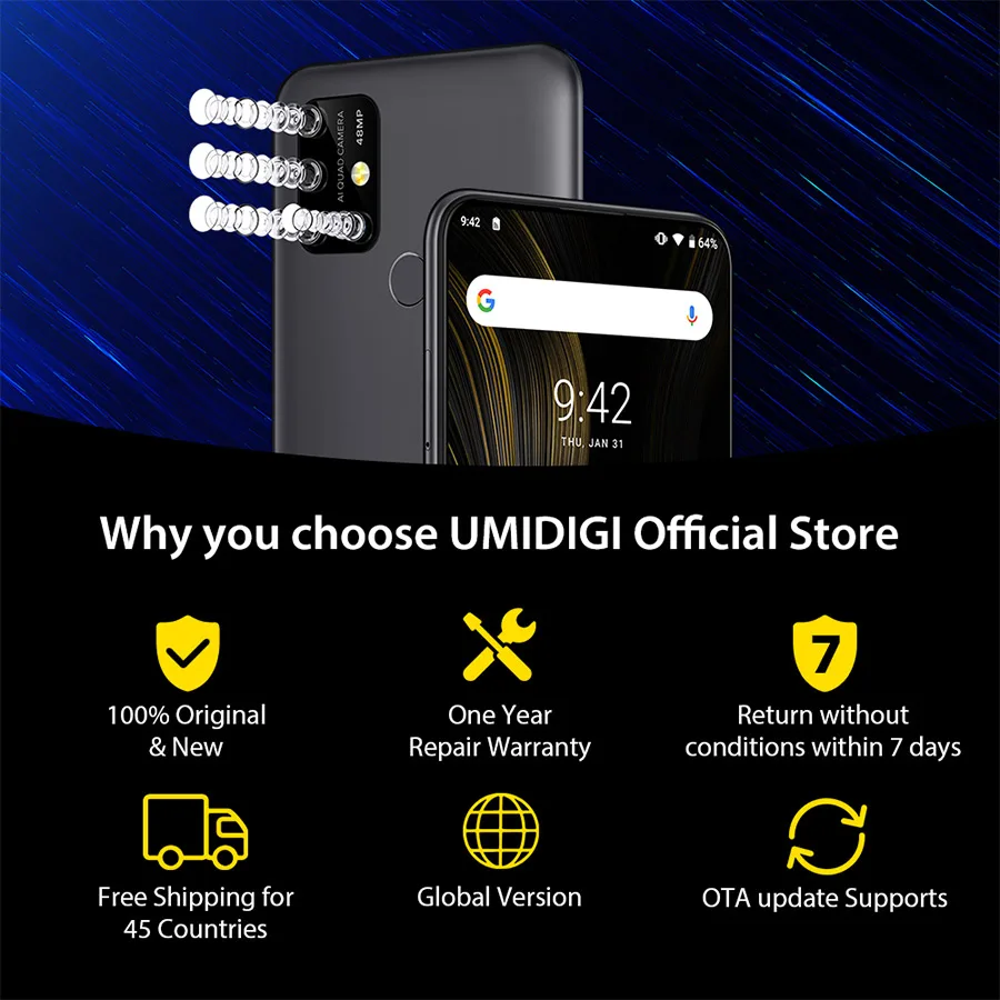 UMIDIGI Power 3 Android 10 48-мегапиксельная четырехъядерная AI камера 6150 мАч 6 53 &quotFHD + 4 Гб 64 ГБ