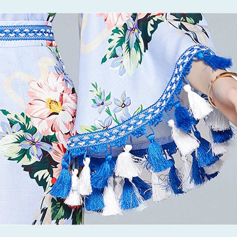 

Runway Tassel Shorts Two Piece Set Women Bohemia Floral Print Long Flare Sleeve Blouse Top Wide Leg Short Suit Set k1809