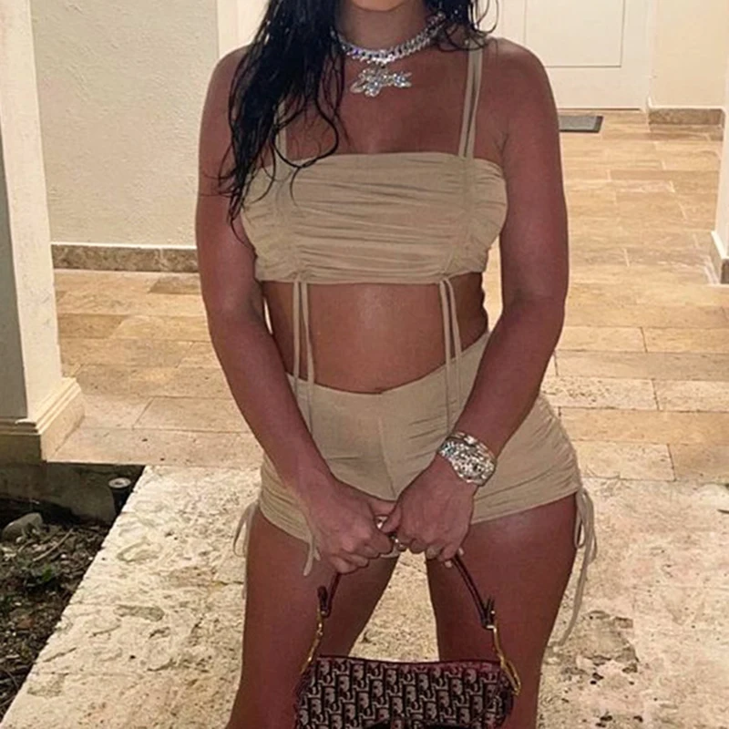 

2021 Solid Drawstring Skinny Ruched Shorts Set For Women Straps Backless Camisoles Elastic Waist Bandage Shorts Party Clubwears