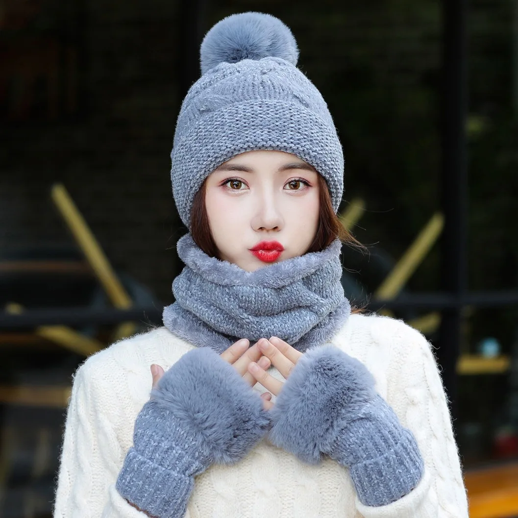 Hat Women's Winter Bib Gloves Three Piece Set Korean Casual Versatile Plush Lovely Chenille Knitted | Аксессуары для одежды