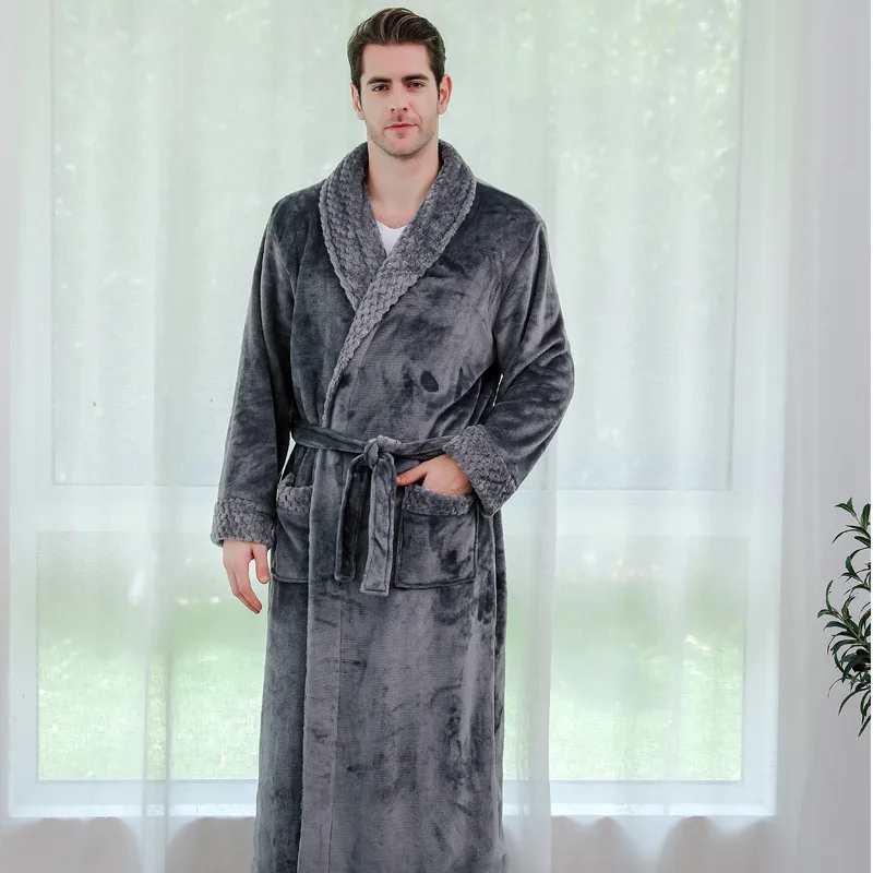 men grey Фланелевый Халат для влюбленных размера плюс, удлиненный теплый Халат с капюшоном для мужчин и женщин, плотное зимнее кимоно, банный халат, мужской халат, халаты - Цвет: men grey