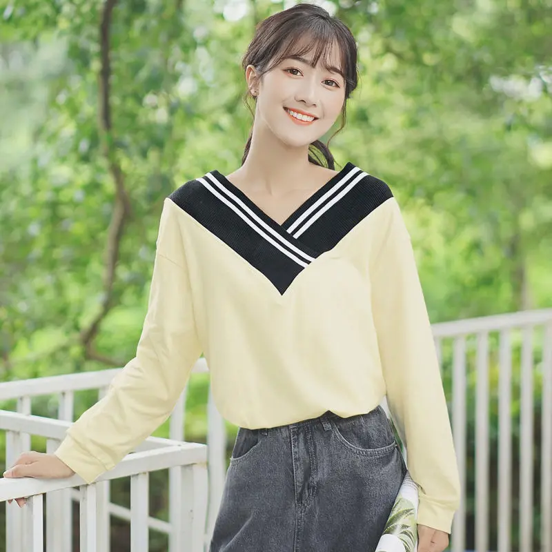 

Chic Khaki 2020 New Spring and Autumn Top Loose Long-Sleeved T-shirt Women's All-Matching Striped V-neck Color-Block Bottoming
