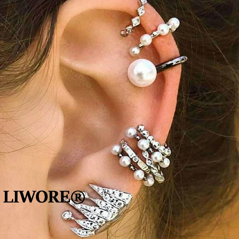 

Liwore Ear cuffs Bohemian Pearl Ear clip Set For Women Multilayer Silver Earrings Non-pierced Ear Clip Jewelry