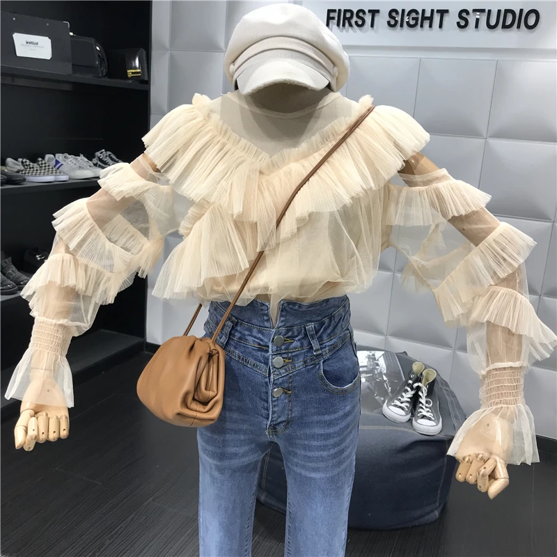 ALPHALMODA с длинным рукавом перспектива сексуальные женские осенние блузки с v-образным воротником гофрированные рукава Дамская мода шифоновый наряд рубашка