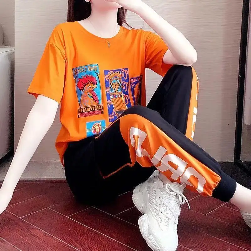 

Sports Suit Women's 2021 Summer Korean Version of The New Short-sleeved Running Suit Fashion Western Loose Casual Two-piece Suit