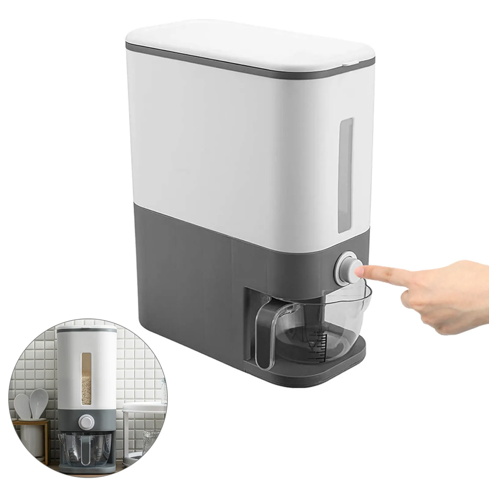 

12Kg Automatic Cereal Dispenser Kitchen Container Rice Grain Bean Cylinder Large Capacity Tank Airtight Case With Measuring Cup