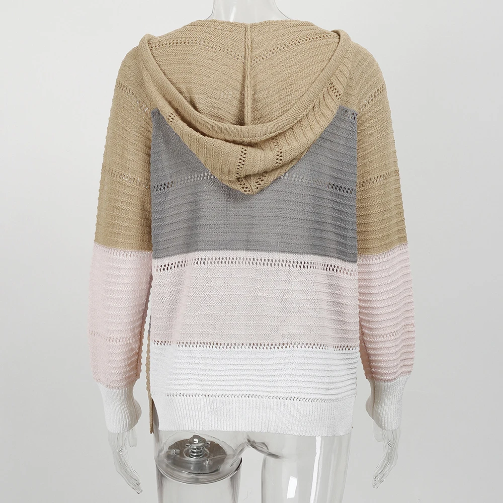 Вязаный кардиган свитер для женщин Осень-зима Повседневный в полоску пэчворк с