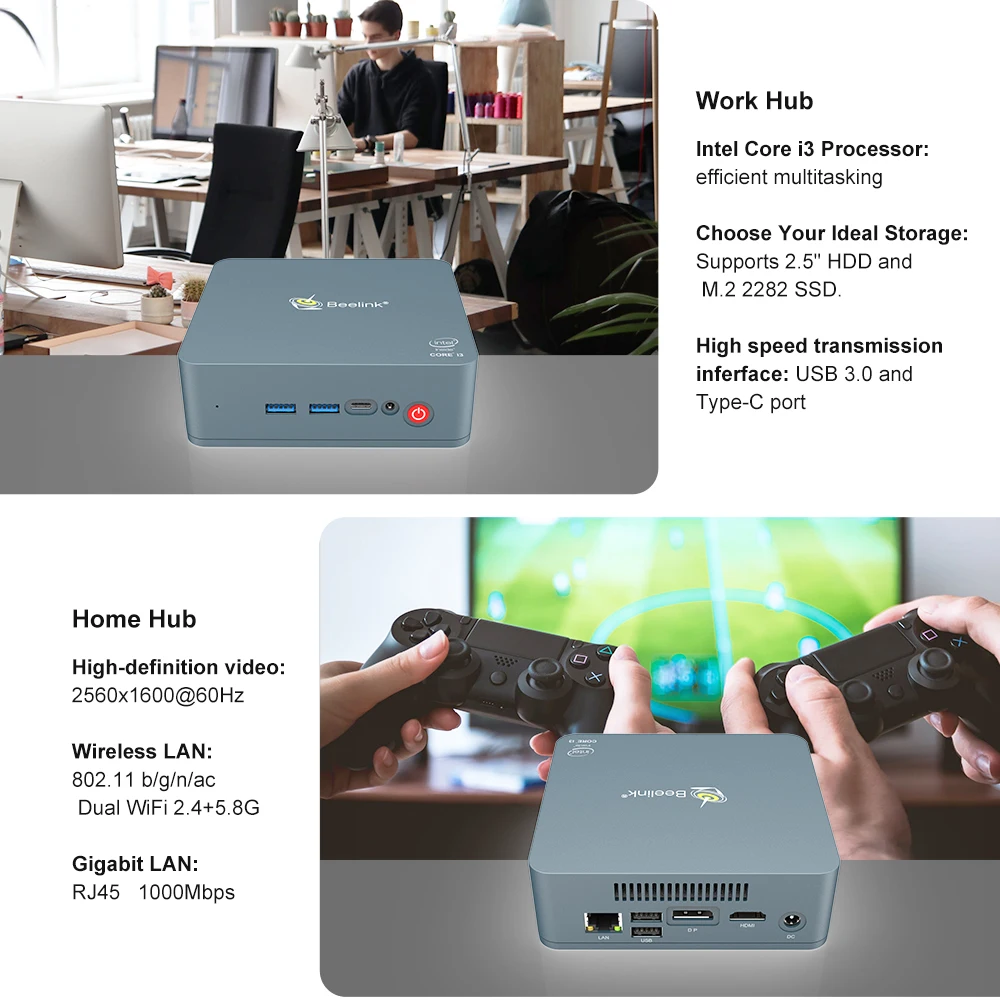 Мини-компьютер Beelink U55 Win10 Intel Core I3-5005U 2,4G+ 5,8G Dual Wifi 8GB DDR3L 256GB 512GB SSD DP+ HDMI с двойным экраном