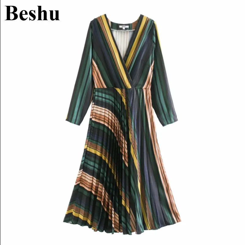 Za 2019 модное платье миди женское сатиновое элегантное Полосатое с v образным