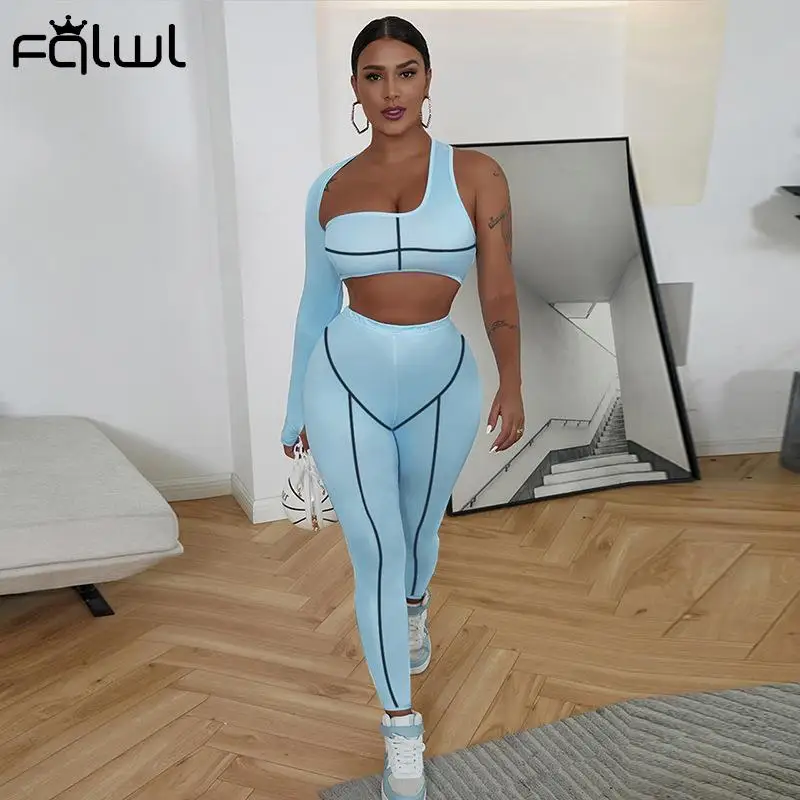 

FQLWL Autumn Sexy 2 Two Piece Sets Womens Club Outfits Long Sleeve One Shoulder Crop Top Skinny Pants Suits Female Matching Sets