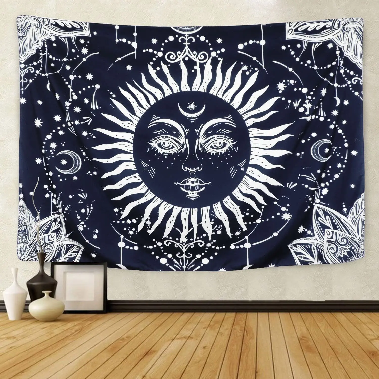 Психоделический гобелен с Луной и солнцем настенный темно-синий Небесный