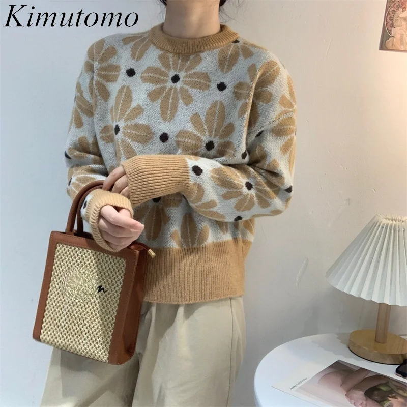 

Kimutomo шикарный Милый свитер женский осенне-зимний новый корейский стиль Instagram модный круглый вырез с длинными рукавами цветочный универсаль...