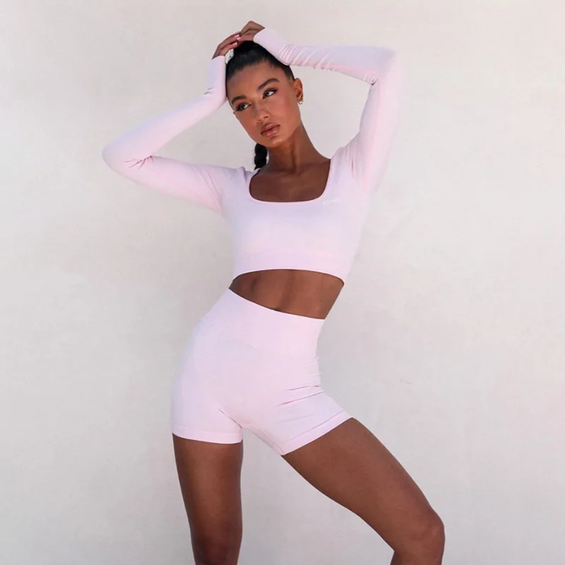 Seamless Women's Suit Gym Long Sleeve Fitness T-Shirt Tight Shorts 2 PCS Sets Women Sexy Solid Yoga Tracksuit Casual Sportswear