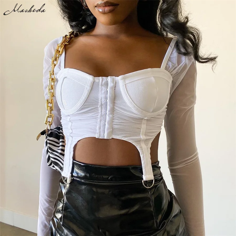 

Macheda Spring Fashion Solid Slim T Shirt Women Square Collar Long Sleeve Clothing Y2K Lady Elastic Sexy Mesh Top 2021 New