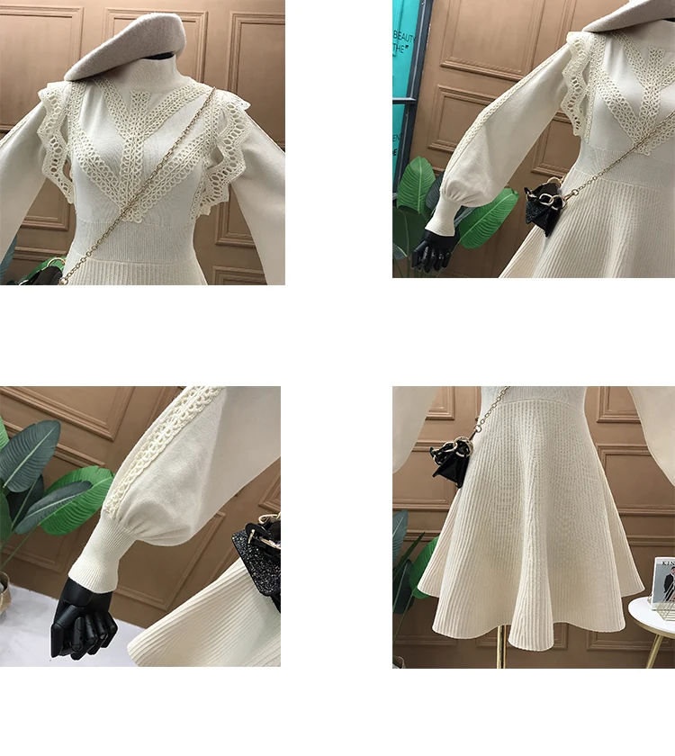 

2020 Autumn Knitted Lace Sweater Dress Women Lantern Sleeve Turtleneck A-line Pleated Dresses Korean Fashion Solid Vestidos