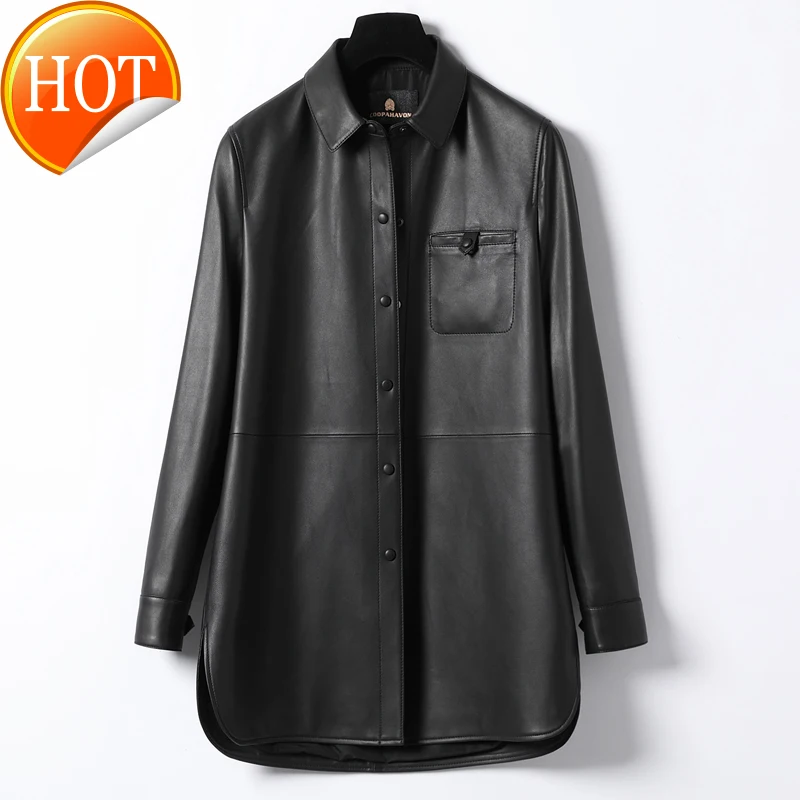 

Новинка осени 2020, кожаное пальто, модная рубашка средней длины из овчины, свободная кожаная ветровка