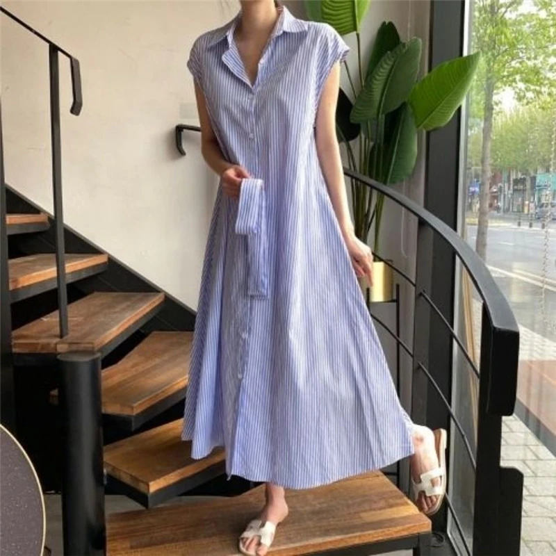 

2021 Dresses for Women Party New Korean Ins Lightly Mature Women's Elegant Graceful All-Matching Long Sleeveless Shirt Dress