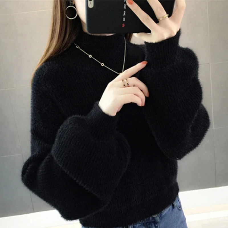 Black Короткий свитер фиолетовый каваи шерстяной зимний для девочек мохер осенний пуловер с рукавами-фонариками свободный кашемировый бархатный вязаный - Цвет: Black