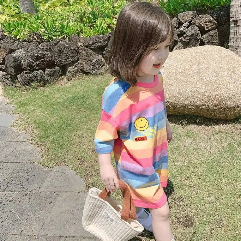 

Summer children's dress baby kids girls striped rainbow cotton short sleeve T-shirts baby girls casual dresses tops P5124