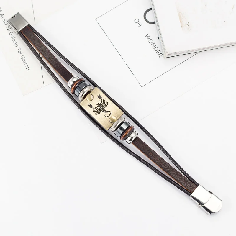 Drop Shipping Hot Sale Fashion 12 Zodiac Signs Bracelet for Men Stainless Steel Clasps Genuine Leather Cuff Romantic Jewelry | Украшения и