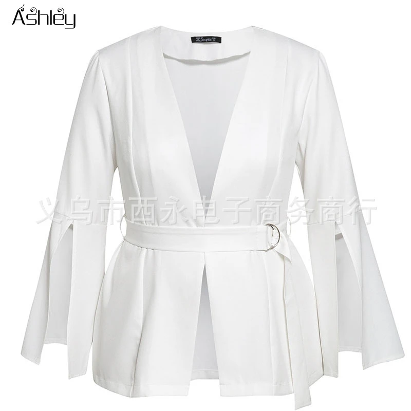 

Ashley Sexy v neck plus size women blazer coat Autumn winter belted bell sleeve white coat Elegant ladies party outerwear 2019