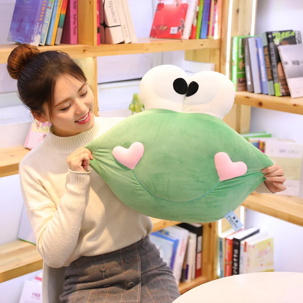 Ультрамягкая мягкая набивная подушка в форме зеленой лягушки с розовыми