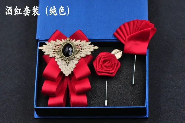 3pcs Bow Tie Set Элегантный мужской и женский деловой Галстук Свадебная вечеринка сплав броши галстук-бабочка Набор Полосатый носовой платок Карманный квадратный ленточка с бантиками - Цвет: 3pcs Bow Tie Set