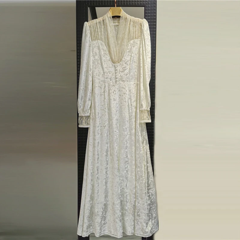 

Design velvet white party dresses long-sleeve autumn patchwork lace dress luxury holiday dress