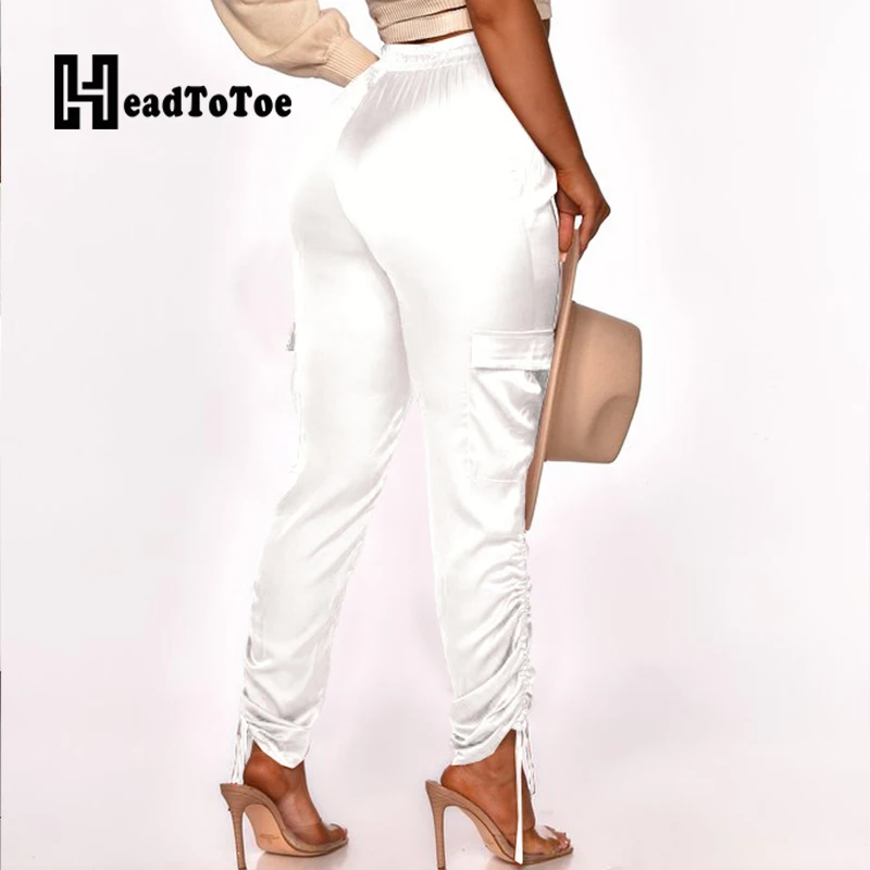 

Solid Pocket Pleated Casual Pants Women Pencil Satin Woman Pants