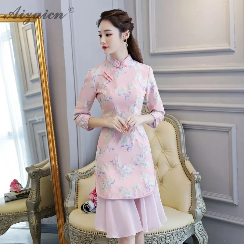 Высококлассное жаккардовое переплетение Cheongsam китайское модное китайское традиционное платье Qi Pao Восточный стиль платья с вышивкой Qipao зима