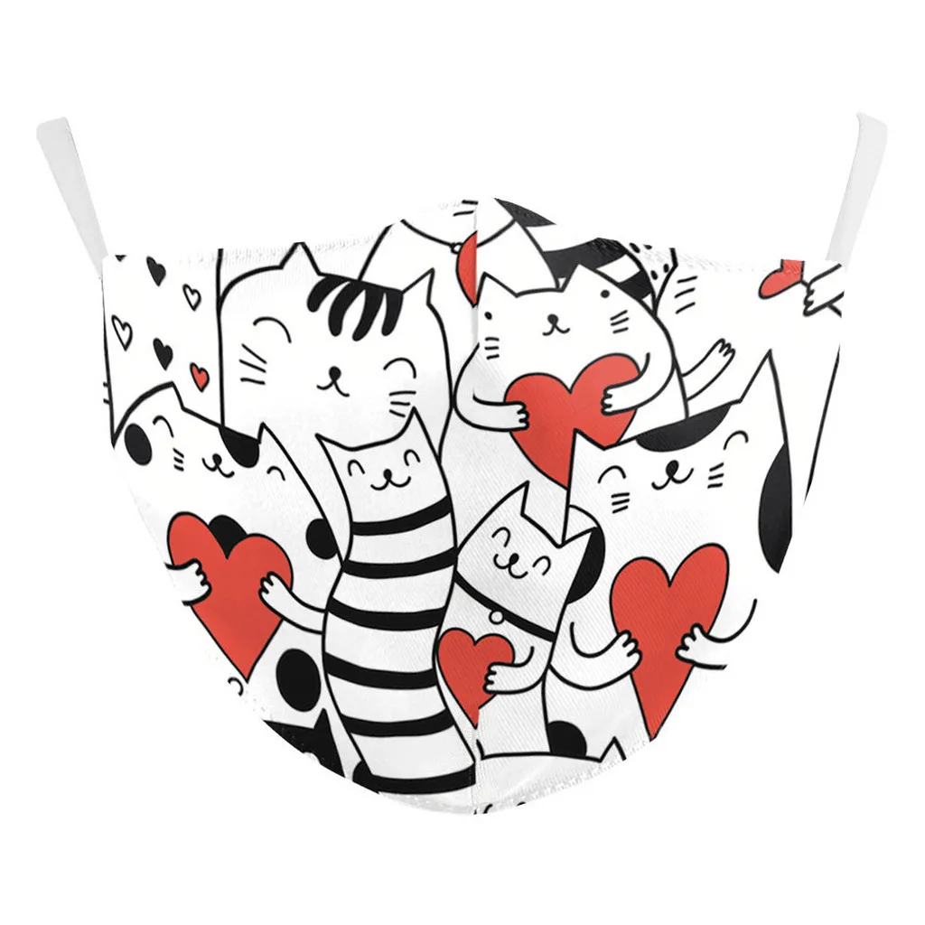 

2pcfashion Cute Cat Print Mask Outdoor Fun Cotton Fashion Washable Dustproof Soft Mask For Men And Women