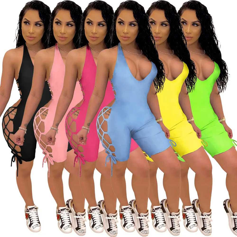 

Women Sexy V-neck halterJumpsuit Bodysuit Backless Lace Up Romper One Piece Short Bodycon Beach Playsuit Body Mujer Overalls