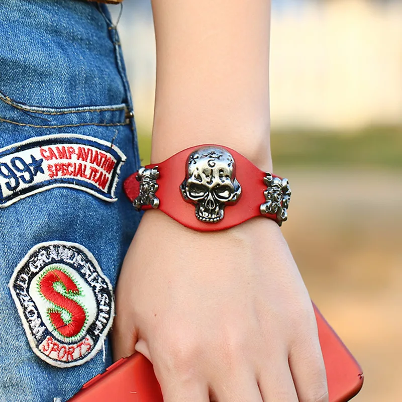2019 Genuine Leather Women Men Bracelet Bangle Alloy Skull Accessories Fashion Adjustable Jewelry Gift | Украшения и аксессуары
