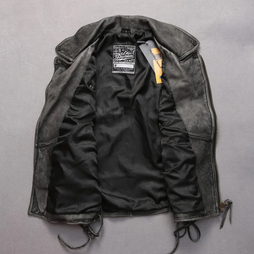 Мужская кожаная куртка с отворотом серая винтажная косая рваная на молнии из