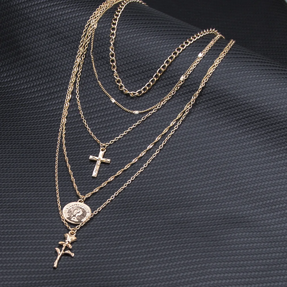 

2021 New Multilayer Hip Hop Long Chain Flower Necklace Cross Pendant Necklace Accessories For Women Jewelry Girl Gift