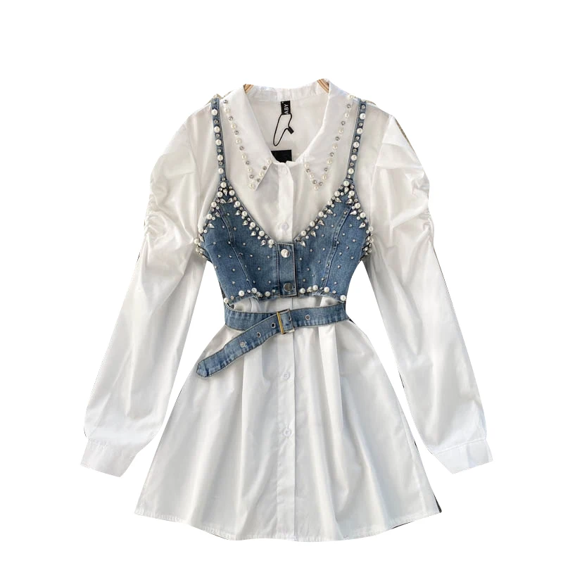 

Spring 2021 New Temperament Blouse Female Lapel Beaded Stacking Bead Blusa Sling Waistcoat C Fashion Two-piece Shirt C814