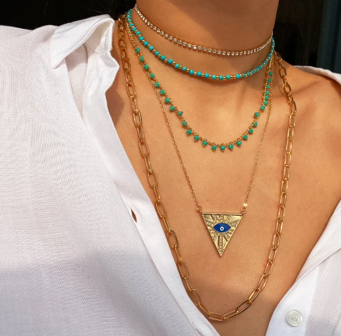 

Boho Vintage Handmade Seed Beads Multi Layered Crystal Turkish Eye Necklace Fashion Gold Color Pendant Necklace Choker for Women