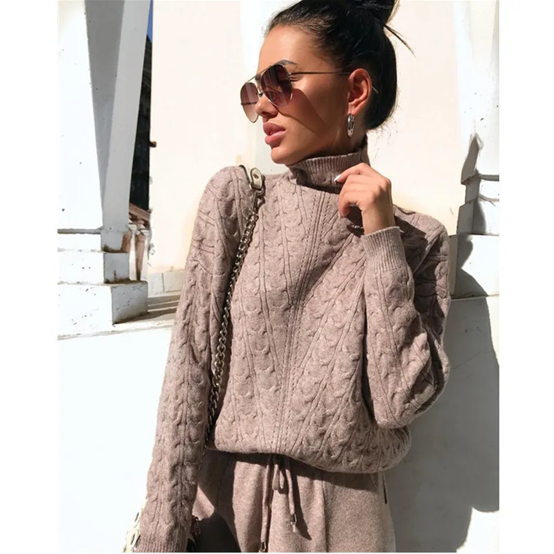 Autumn Winter Knitted Turtleneck Tracksuit For Women Casual Knitted Trousers+Turtleneck Sweater Women's Suit Warm Female Tracks