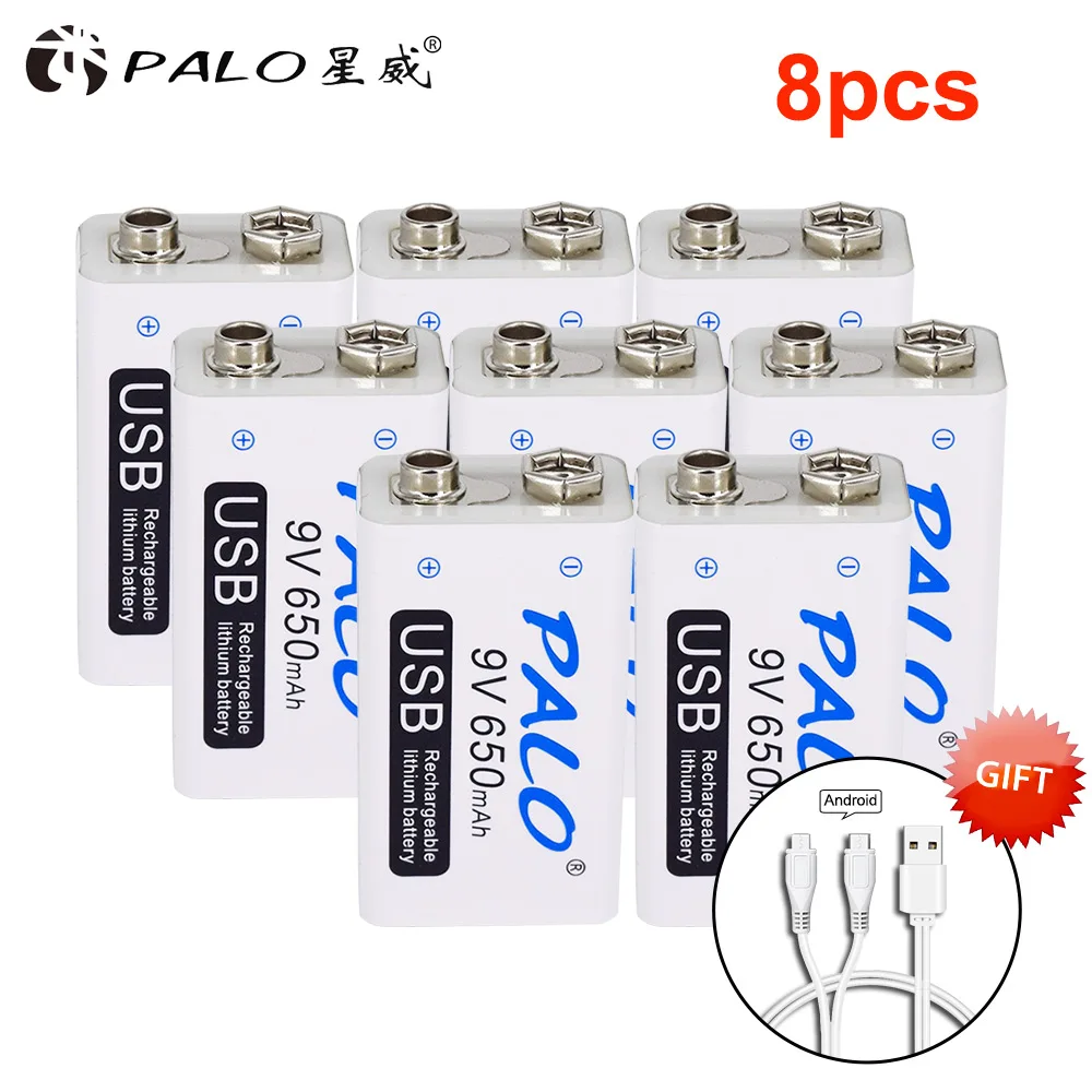 8 pcs PALO 9V USB литиевая батарея 650mAh 6F22 6LR61 литий-ионная аккумуляторная батарея для игрушек массажеры мультиметры гитара с USB кабелем - Цвет: 8 pcs