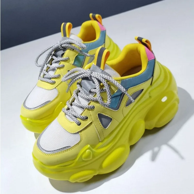 

2021 New Real Leather Platform Shoes Women Fashion Lace Up Breathable Hip Hop Sneakers Casual Round Toe High Heel Shoes Sapato