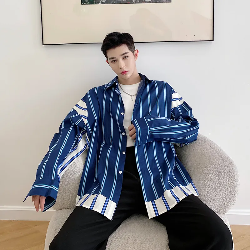 

Male Streetwear Hip Hop Vintage Fashion Loose Dress Shirts Men 2 Colors Striped Splice Long Sleeve Casual Shirt