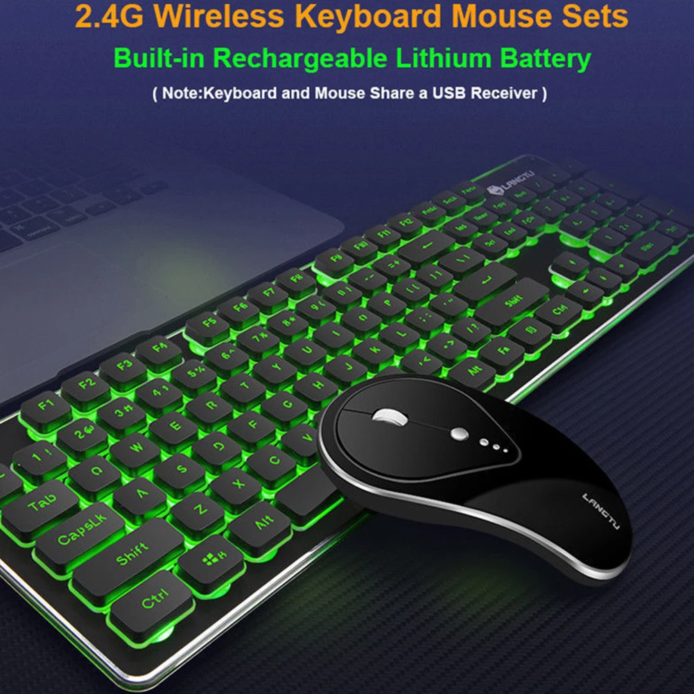 Игровая Беспроводная клавиатура мышь Combos 104 клавиши Водонепроницаемая Радужная