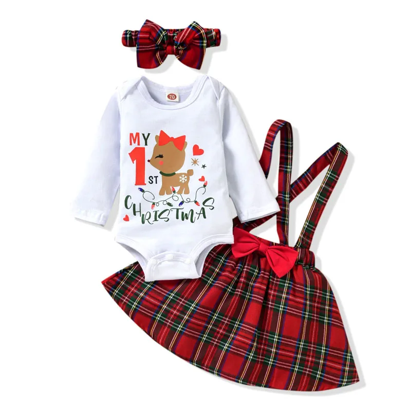 

Baby My First Christmas Outfits, Long Sleeve Deer Letter Print Romper + Plaid Suspender Skirt + Headband Set For Babies