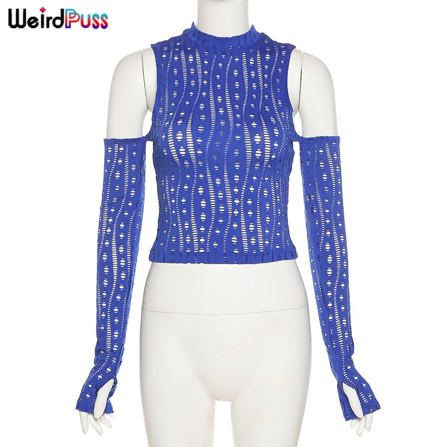 

Weird Puss Y2K Sexy Hollow See Through Crop Top Women Long Sleeve T-Shirt Autumn Wild Casual Streetwear Stretch Slim Skinny Tees