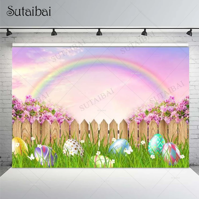 

Rainbow Spring Easter Day Pink Sky Flowers Grass Baby Backdrop Cartoon Fence Party Backgrounds Eggs Child Photo Photography
