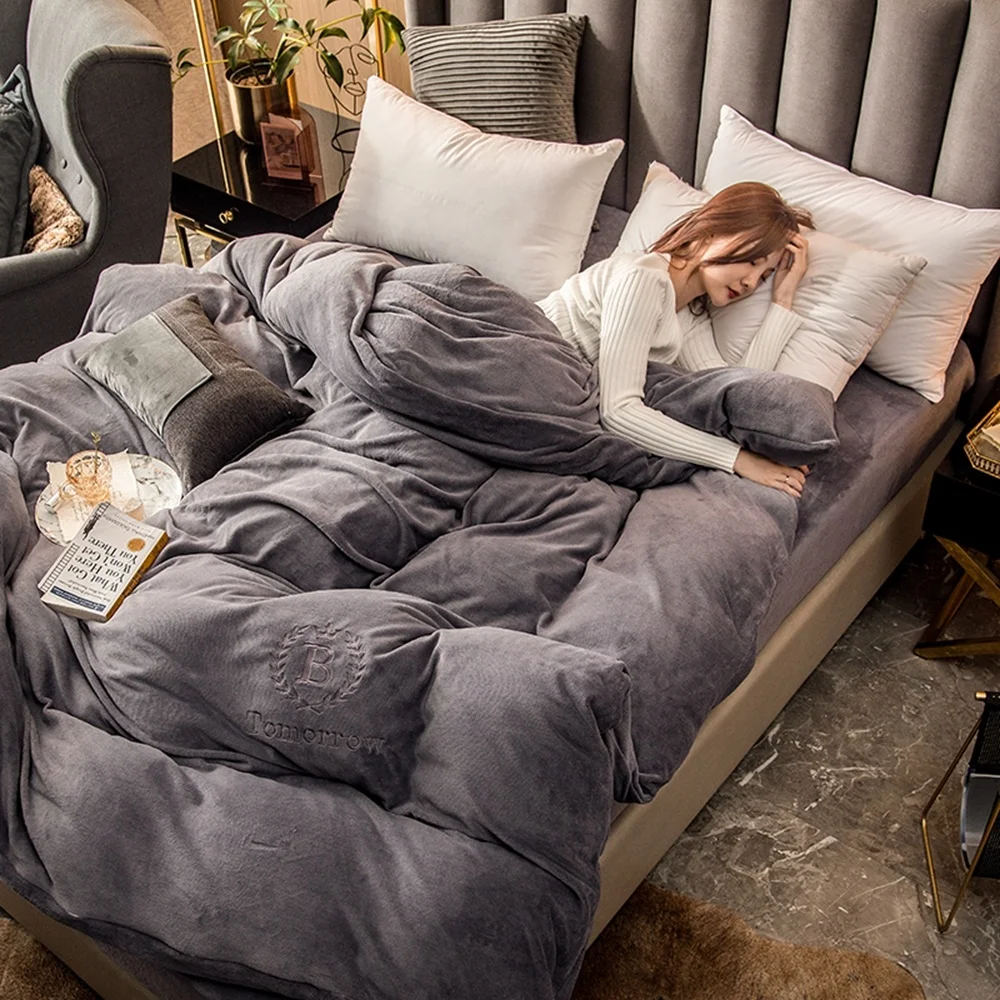 Home Textiles Light Gray Winter Flannel Quilt Cover Soft Worm Coral Fleece Comforter Thickening Warm Duvet Bedding | Дом и сад