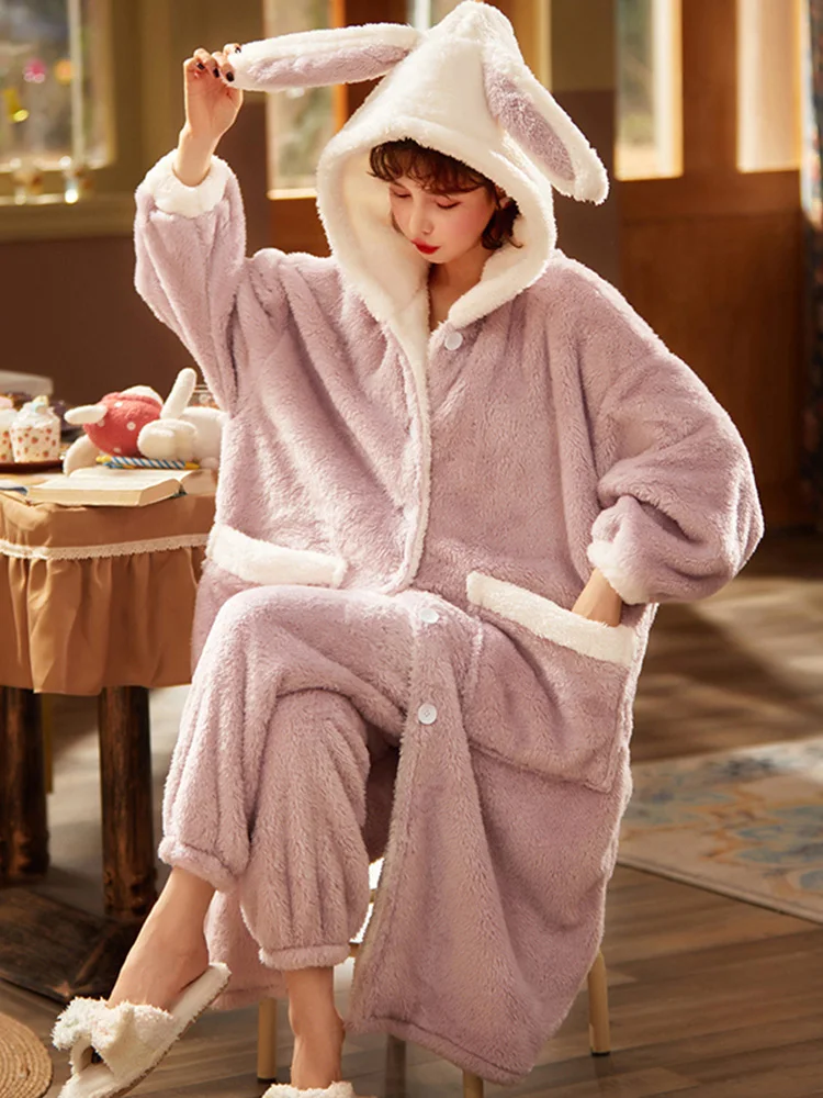 Pajamas Women's Spring, Autumn and Winter Coral Fleece Thickened Sweet Cute Suit Nightgown Flannel Home Wear Can Be Worn outside
