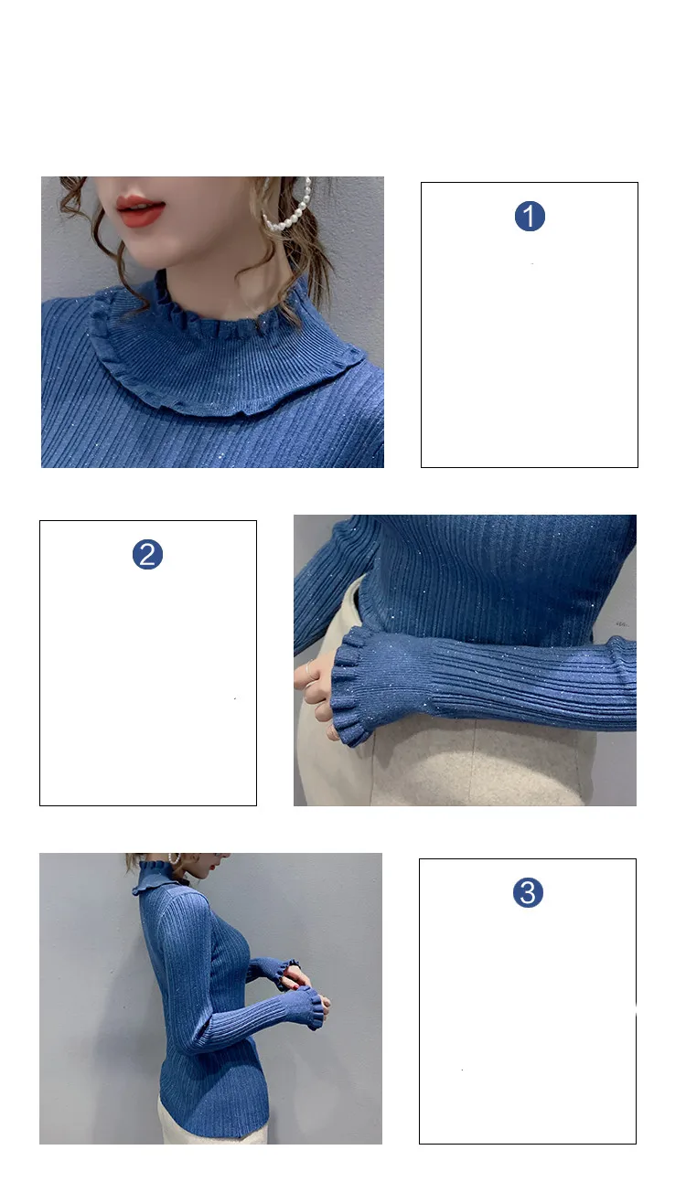 

Fall Winter Knitted Sweater European Clothes Elegant Women Fashion Sexy Shiny Ruffles Long Sleeve Elastic Tops New 2021