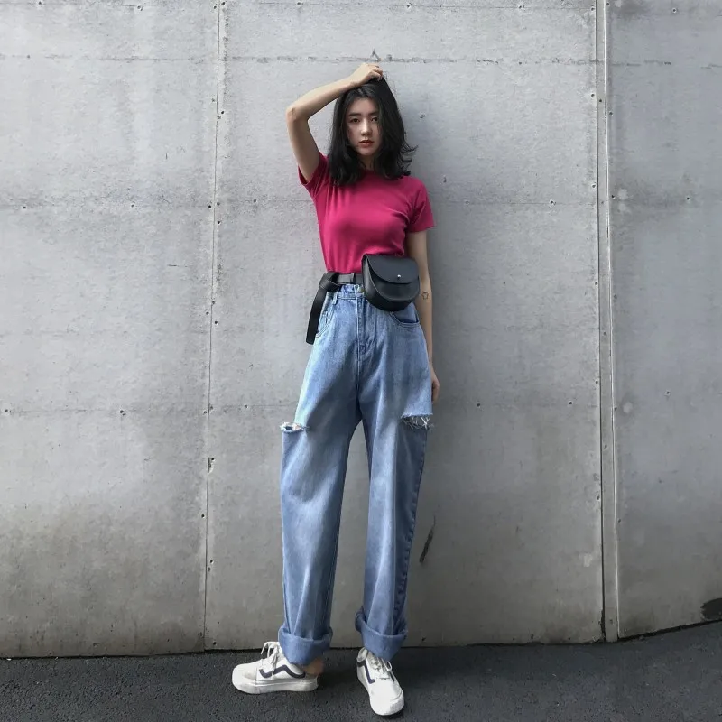 

New Woman Jeans Ripped High Waist Summer 2020 Hole Wide Leg Denim Pants Womens Fashion Casual Trousers Blue Jeans